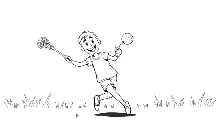 Desenho a preto e branco de um menino a correr com um taco de lacrosse e uma bola, sorrindo.