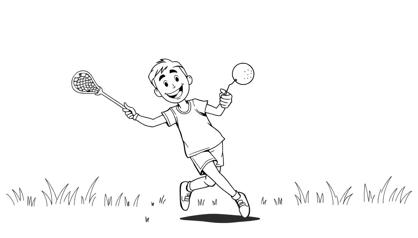 Desenho a preto e branco de um menino a correr com um taco de lacrosse e uma bola, sorrindo.
