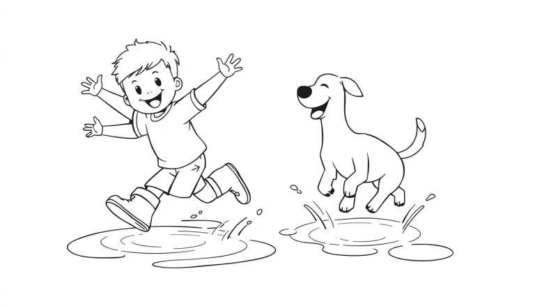 Desenho de página para colorir de um menino com botas de borracha e um cachorro pulando em poças de água com um sorriso.