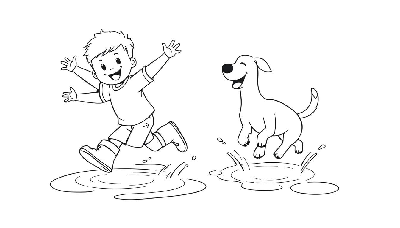 Desenho de página para colorir de um menino com botas de borracha e um cachorro pulando em poças de água com um sorriso.