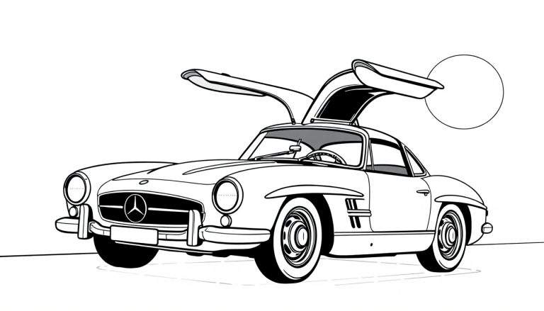 Página para colorir de um carro clássico Mercedes-Benz 300 SL Gullwing com portas abertas.