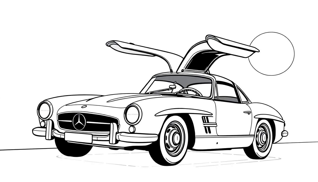 Página para colorir de um carro clássico Mercedes-Benz 300 SL Gullwing com portas abertas.