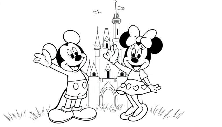 Página para colorir de Mickey Mouse e Minnie Mouse acenando em frente a um castelo da Disney.