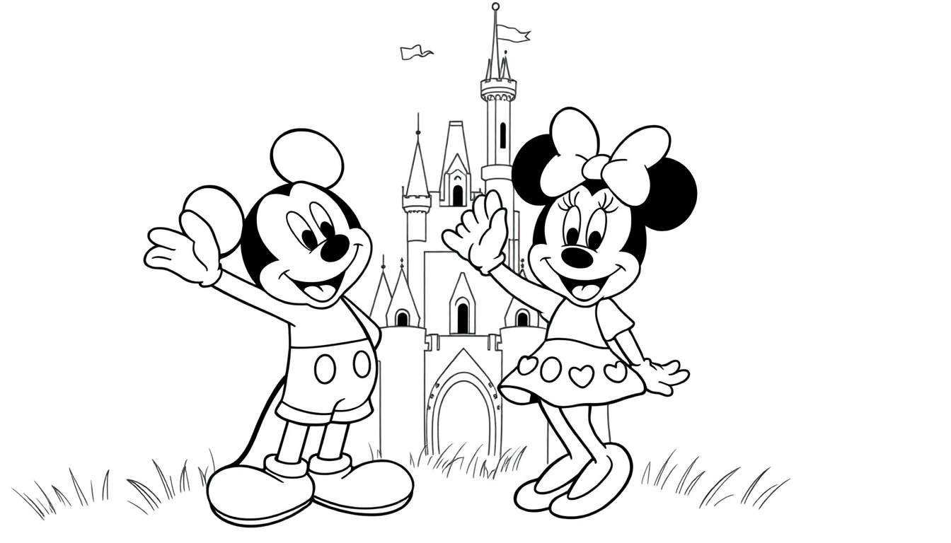 Página para colorir de Mickey Mouse e Minnie Mouse acenando em frente a um castelo da Disney.