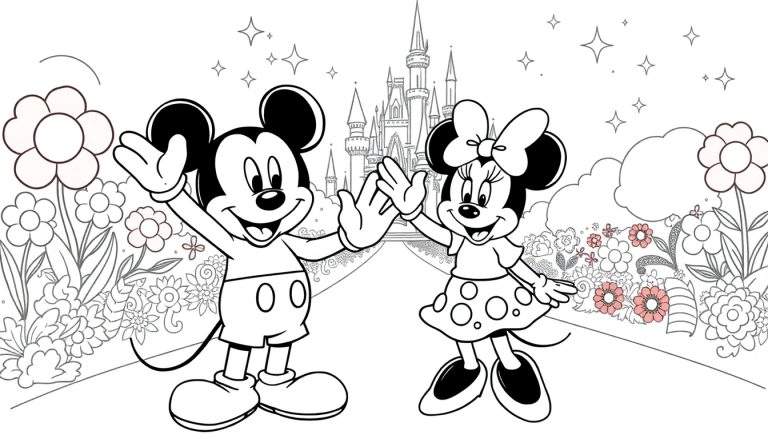 Desenho em preto e branco de Mickey e Minnie Mouse acenando um para o outro, com um castelo de conto de fadas ao fundo e flores no primeiro plano. Perfeito para páginas para colorir.
