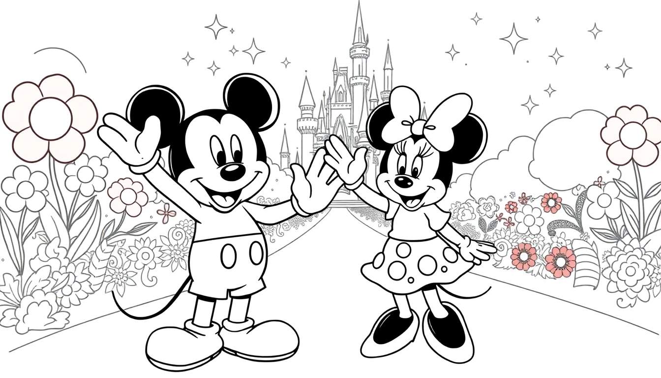 Desenho em preto e branco de Mickey e Minnie Mouse acenando um para o outro, com um castelo de conto de fadas ao fundo e flores no primeiro plano. Perfeito para páginas para colorir.