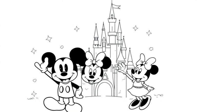 Desenho a preto e branco de Mickey Mouse e Minnie Mouse em frente ao Castelo da Cinderela, com estrelas e nuvens.