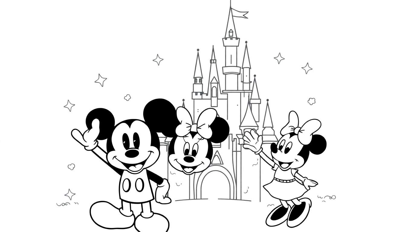 Desenho a preto e branco de Mickey Mouse e Minnie Mouse em frente ao Castelo da Cinderela, com estrelas e nuvens.