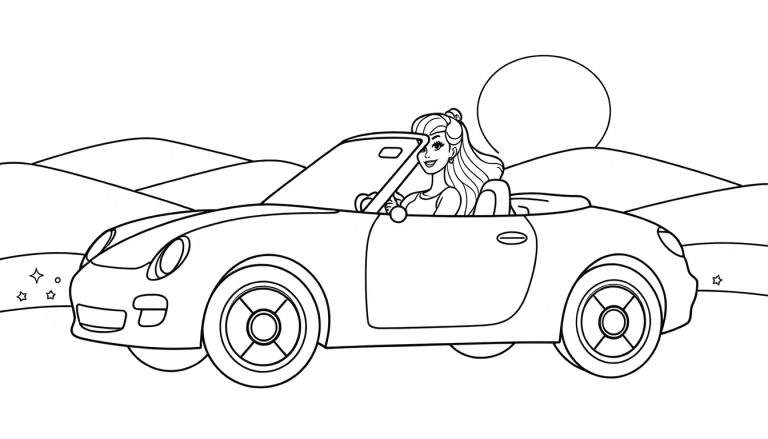 Desenho em preto e branco de uma jovem mulher com cabelo ondulado dirigindo um carro conversível vermelho com o sol ao fundo.