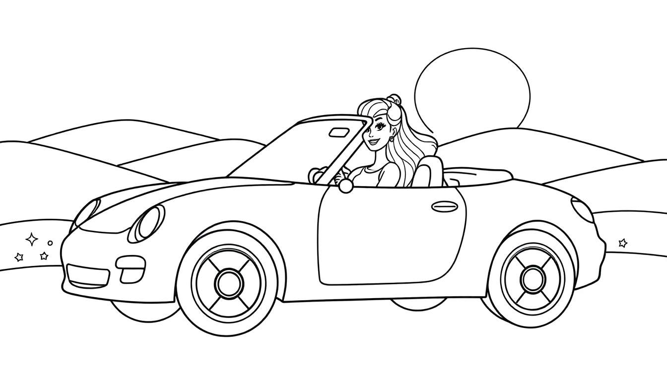 Desenho em preto e branco de uma jovem mulher com cabelo ondulado dirigindo um carro conversível vermelho com o sol ao fundo.