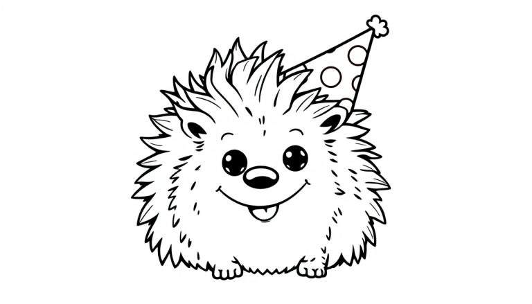 Ilustração de um ouriço de desenho animado sorridente com a língua para fora, usando um chapéu de festa branco com bolinhas pretas. O ouriço tem espinhos pontudos e olhos grandes. Página para colorir.