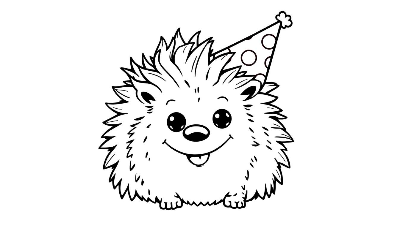 Ilustração de um ouriço de desenho animado sorridente com a língua para fora, usando um chapéu de festa branco com bolinhas pretas. O ouriço tem espinhos pontudos e olhos grandes. Página para colorir.