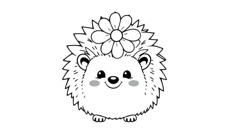 Desenho em preto e branco de um ouriço fofo usando uma flor na cabeça, pronto para ser colorido.