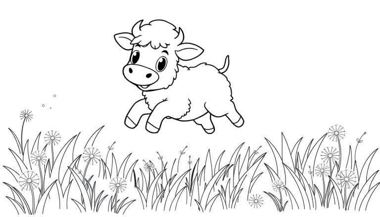 Desenho a preto e branco de uma ovelha a saltar num campo de dentes-de-leão e relva.