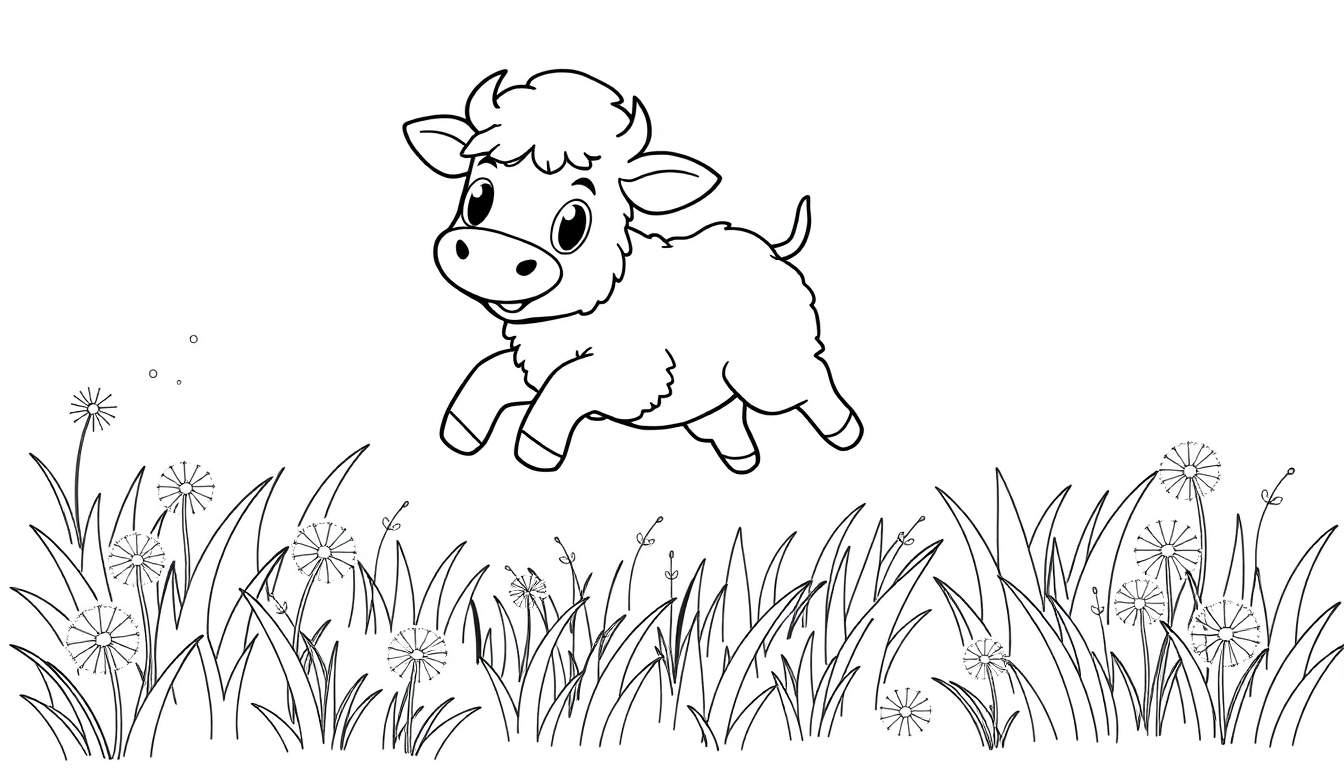Desenho a preto e branco de uma ovelha a saltar num campo de dentes-de-leão e relva.