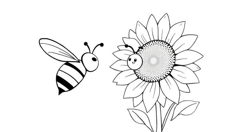 Página para colorir de uma abelha amigável voando em direção a um grande girassol. Estilo de desenho animado fofo.