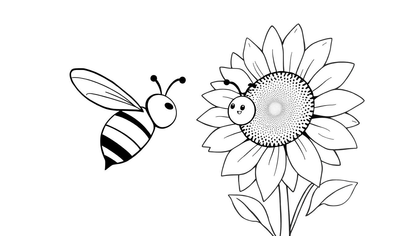Página para colorir de uma abelha amigável voando em direção a um grande girassol. Estilo de desenho animado fofo.