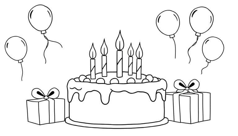 Página para colorir de um bolo de aniversário com cinco velas acesas, dois presentes e balões.