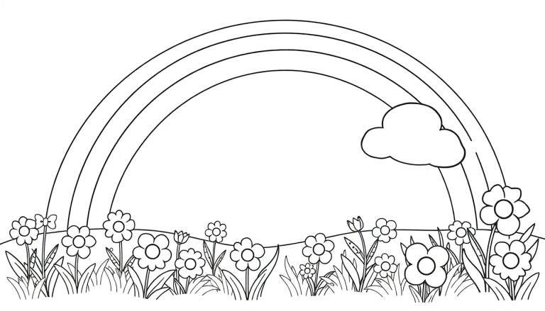 Desenho a preto e branco de um arco-íris sobre um campo de flores, com uma nuvem.
