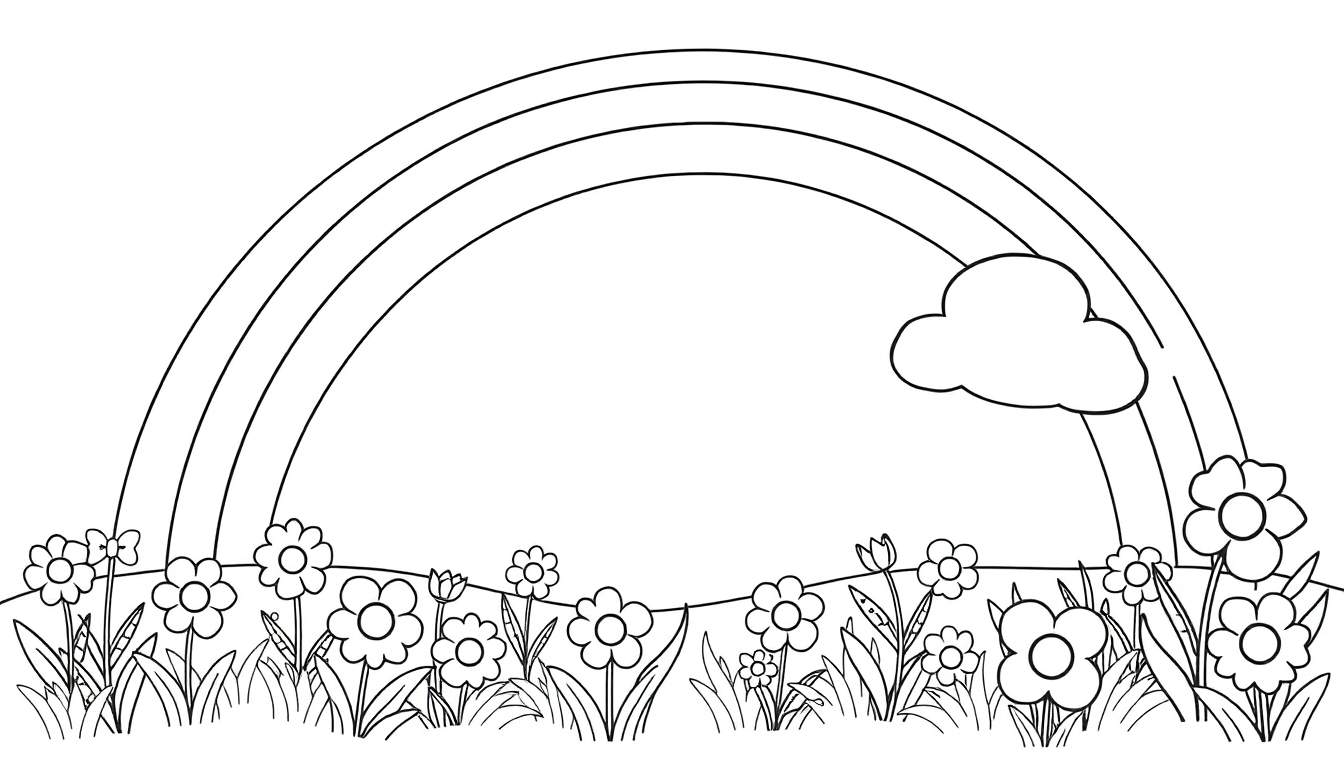 Desenho a preto e branco de um arco-íris sobre um campo de flores, com uma nuvem.