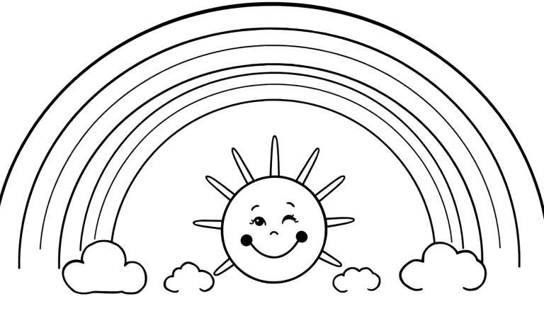 Desenho de contorno de um arco-íris com um sol sorridente e nuvens para colorir.