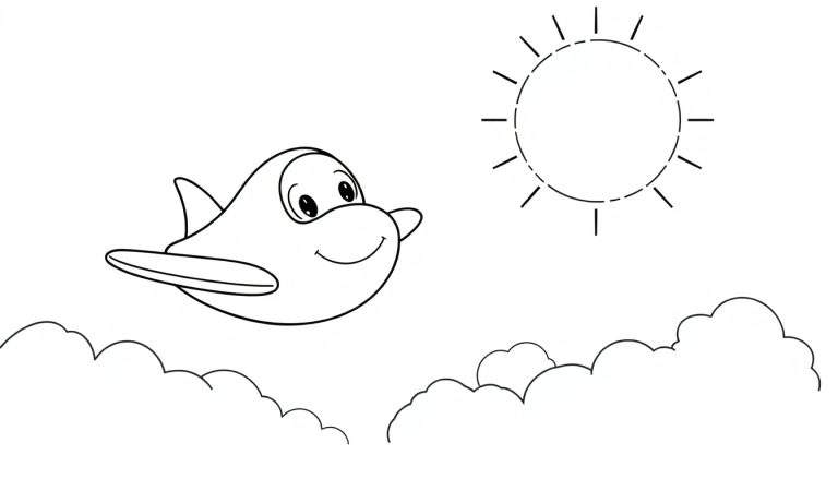 Desenho a preto e branco de um avião de desenho animado feliz a voar nas nuvens, com o sol no canto superior direito.