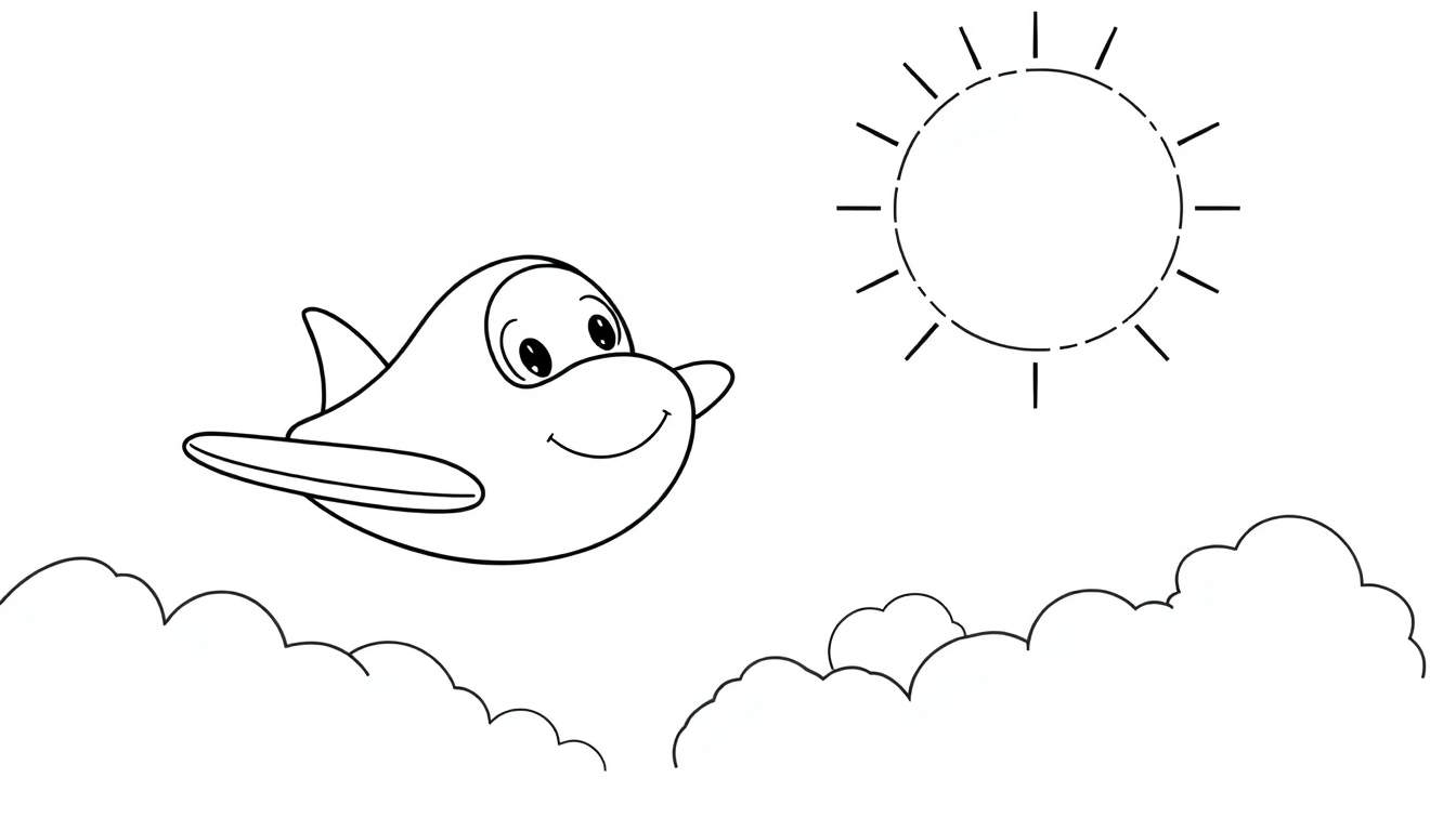 Desenho a preto e branco de um avião de desenho animado feliz a voar nas nuvens, com o sol no canto superior direito.