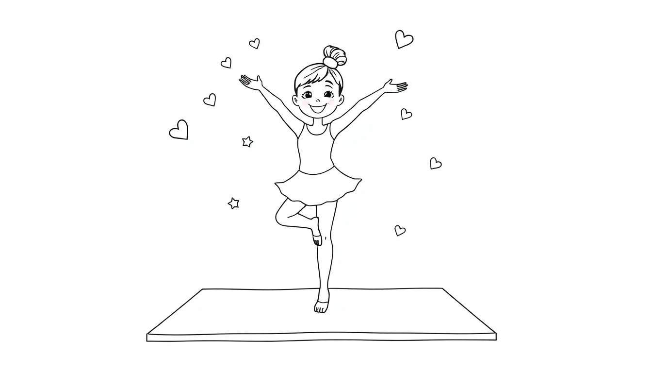 Desenho em preto e branco de uma jovem bailarina em pose de ioga com o corpo inclinado e um pé levantado atrás. Braços estendidos, sorriso no rosto, cabelo em coque. Plataforma retangular, corações e estrelas no ar. Página para colorir infantil.