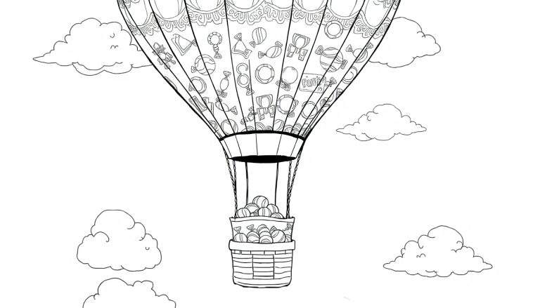 Desenho em preto e branco de um balão de ar quente com padrões de doces e uma cesta cheia de guloseimas, voando entre nuvens.