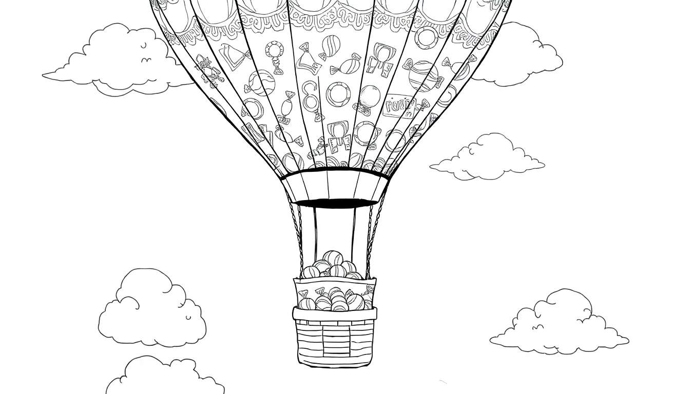 Desenho em preto e branco de um balão de ar quente com padrões de doces e uma cesta cheia de guloseimas, voando entre nuvens.