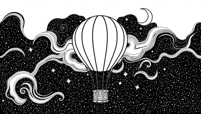 Página para colorir de um balão de ar quente com contorno preto e branco flutuando no espaço sideral com estrelas e uma lua crescente.
