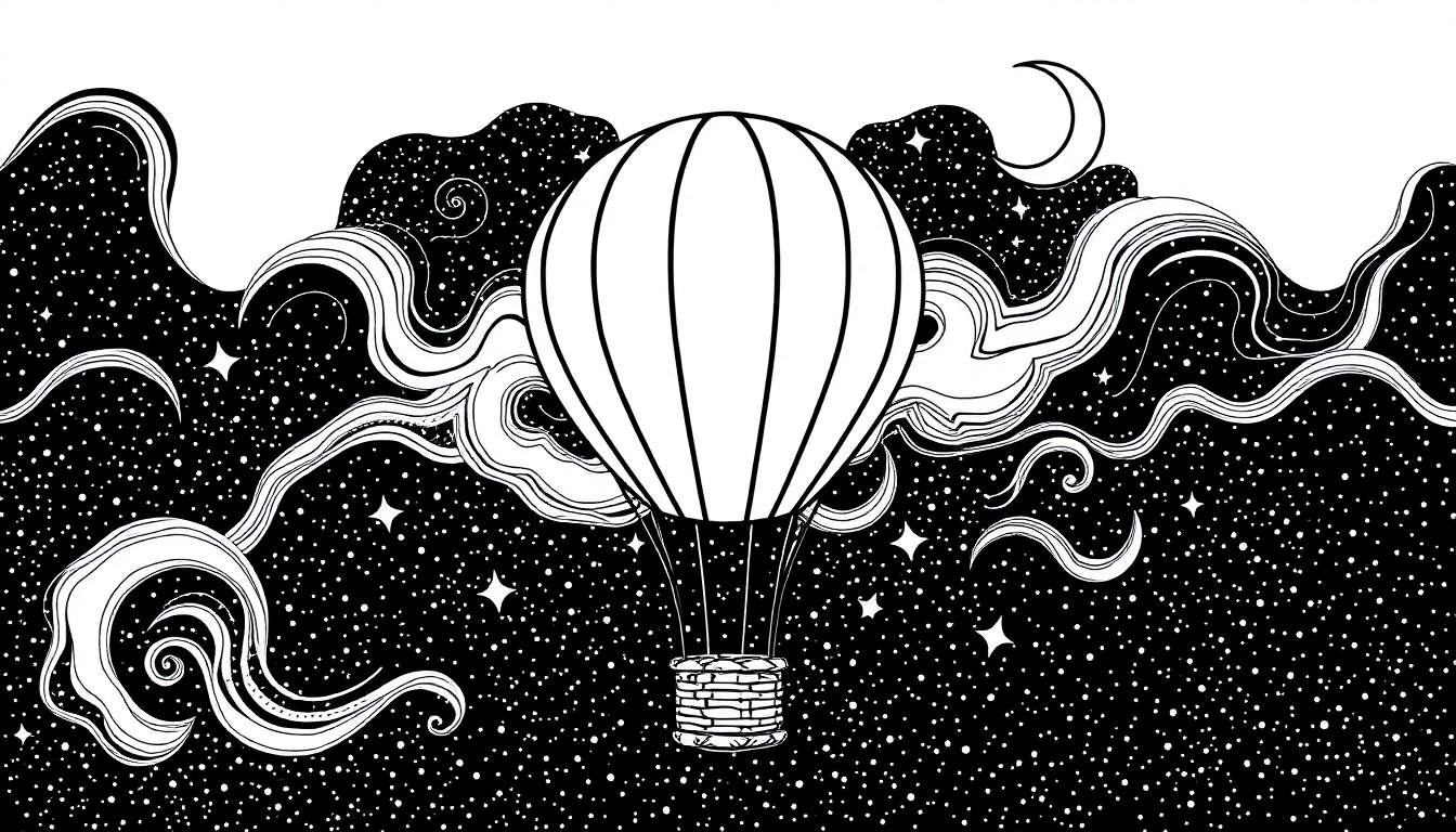 Página para colorir de um balão de ar quente com contorno preto e branco flutuando no espaço sideral com estrelas e uma lua crescente.