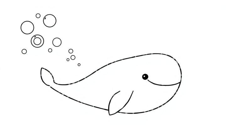 Desenho a preto e branco de uma baleia fofa com bolhas, ideal para colorir.