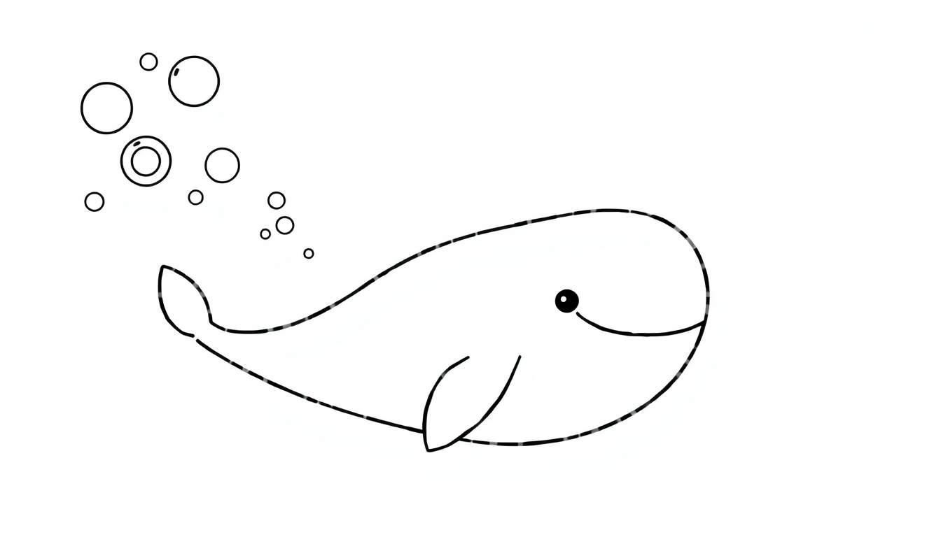 Desenho a preto e branco de uma baleia fofa com bolhas, ideal para colorir.