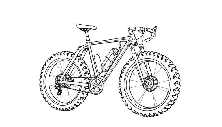 Desenho de linha em preto e branco de uma bicicleta de aventura com pneus grossos, freios a disco e suspensão dianteira.