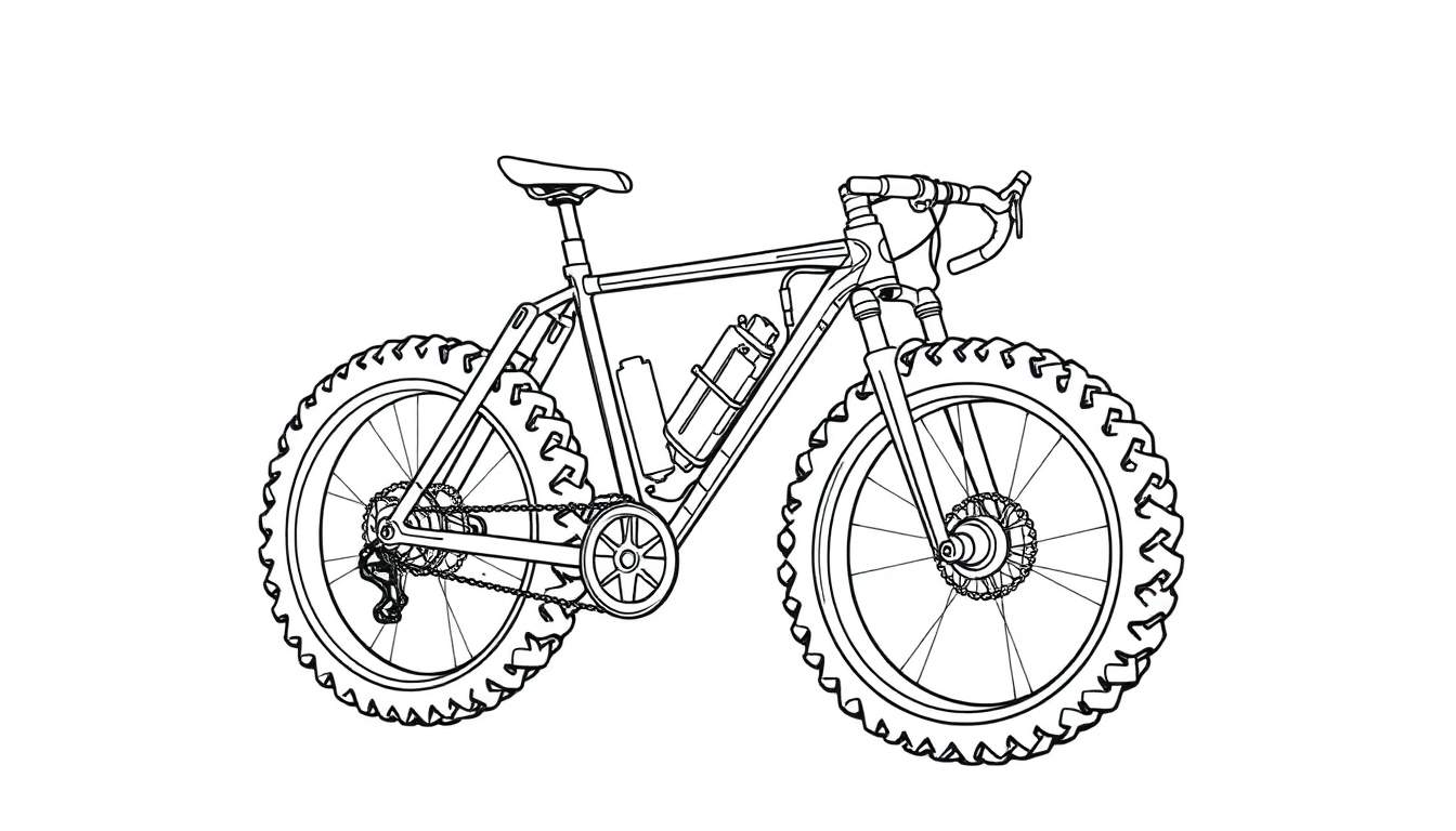 Desenho de linha em preto e branco de uma bicicleta de aventura com pneus grossos, freios a disco e suspensão dianteira.