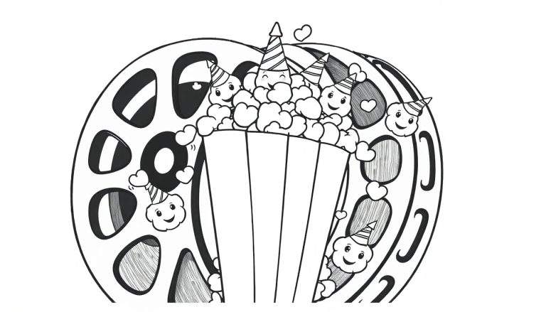 Desenho a traço de uma bobina de filme com pipocas a sair do balde, pipocas com caras sorridentes e chapéus de festa, e corações espalhados. Página para colorir para crianças.