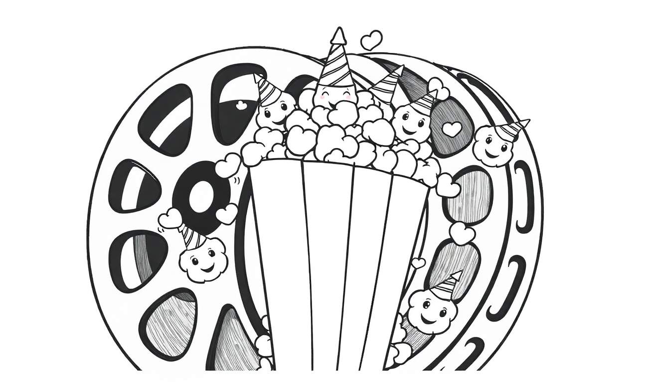 Desenho a traço de uma bobina de filme com pipocas a sair do balde, pipocas com caras sorridentes e chapéus de festa, e corações espalhados. Página para colorir para crianças.