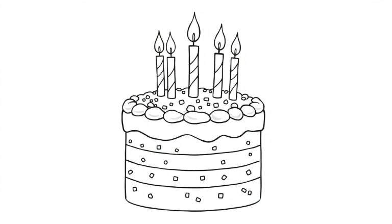 Página para colorir de um bolo de aniversário de várias camadas com cinco velas acesas, confeitos e doces.