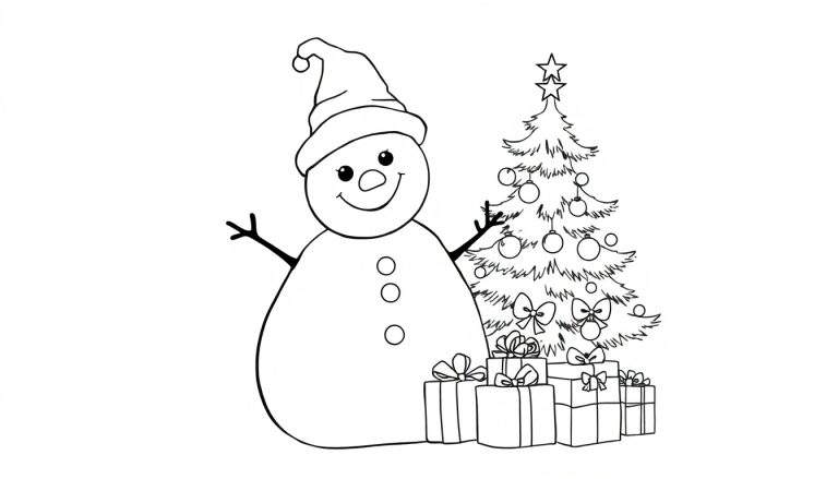 Desenho a preto e branco de um boneco de neve com chapéu e botões, ao lado de uma árvore de Natal decorada com bolas e estrelas, com presentes no chão.