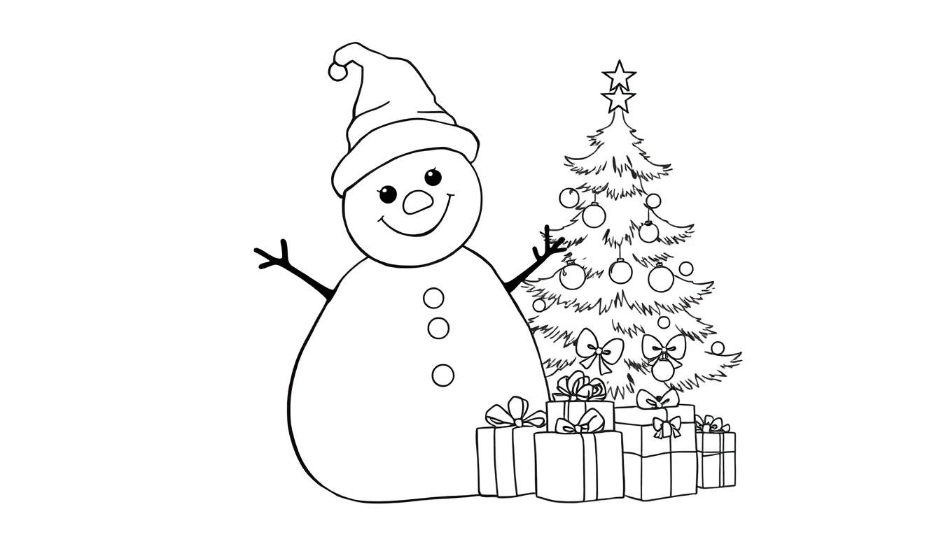 Desenho a preto e branco de um boneco de neve com chapéu e botões, ao lado de uma árvore de Natal decorada com bolas e estrelas, com presentes no chão.