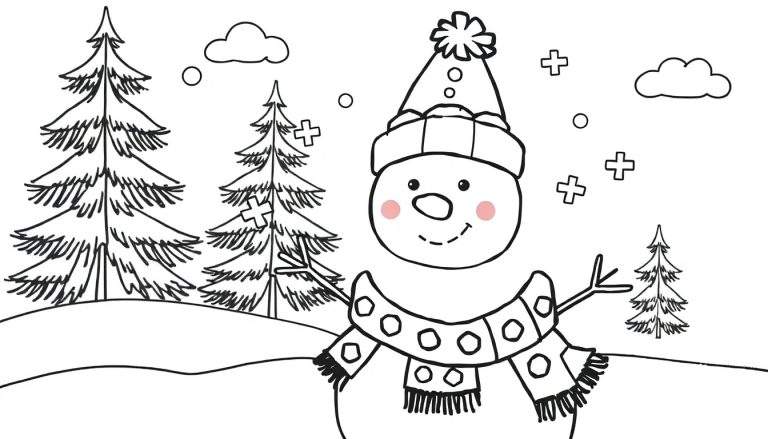 Desenho em preto e branco de um boneco de neve sorridente com bochechas rosadas e chapéu de inverno, cercado por árvores de Natal e flocos de neve sob nuvens.