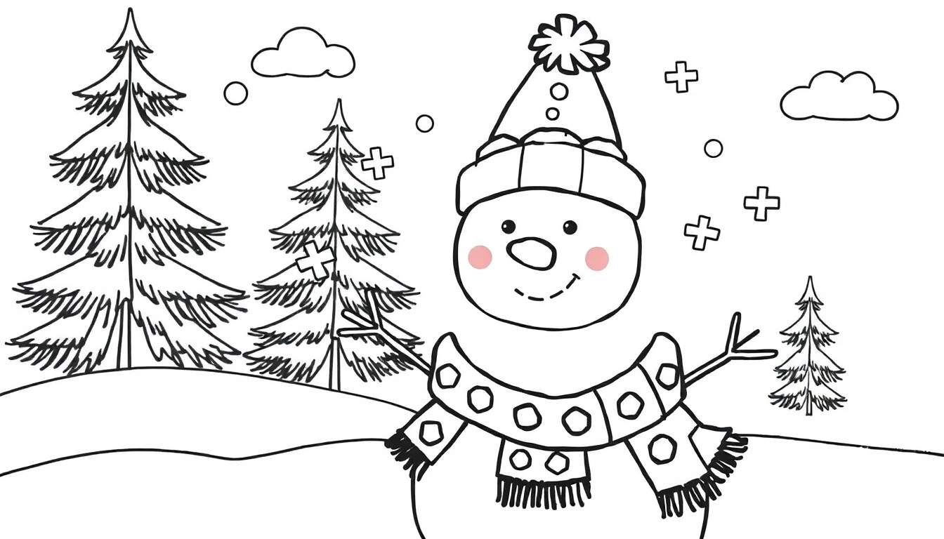 Desenho em preto e branco de um boneco de neve sorridente com bochechas rosadas e chapéu de inverno, cercado por árvores de Natal e flocos de neve sob nuvens.