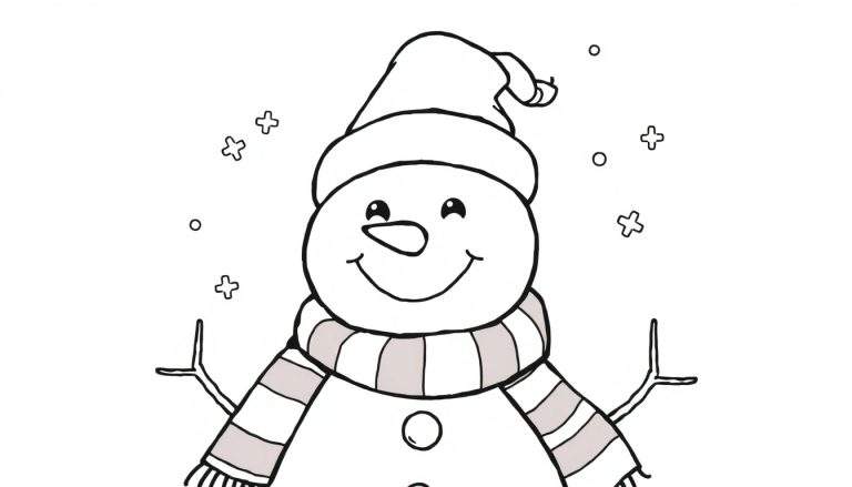 Página para colorir de um boneco de neve simpático com chapéu de inverno e cachecol listrado, rodeado por flocos de neve.