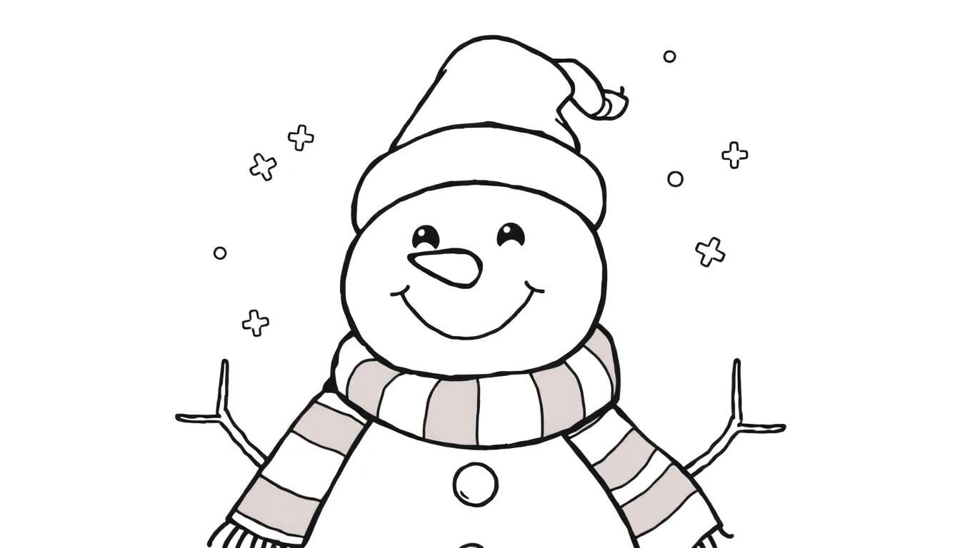 Página para colorir de um boneco de neve simpático com chapéu de inverno e cachecol listrado, rodeado por flocos de neve.