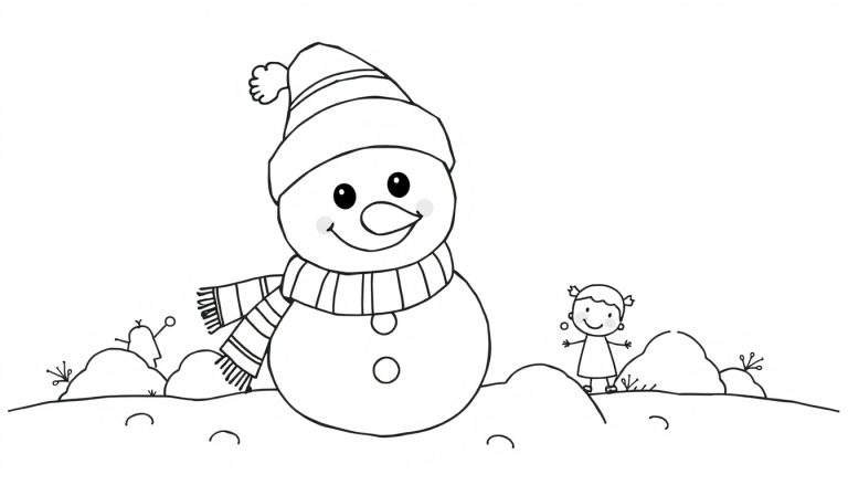 Página para colorir de um boneco de neve com chapéu e cachecol e uma menina com rabos de cavalo num cenário nevado.