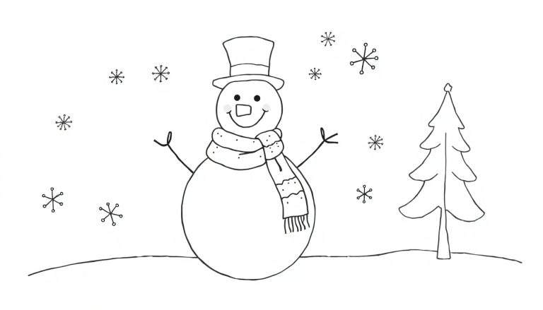 Desenho em preto e branco de um boneco de neve sorrindo, usando chapéu e cachecol, com uma árvore e flocos de neve ao redor, em uma página para colorir para crianças.