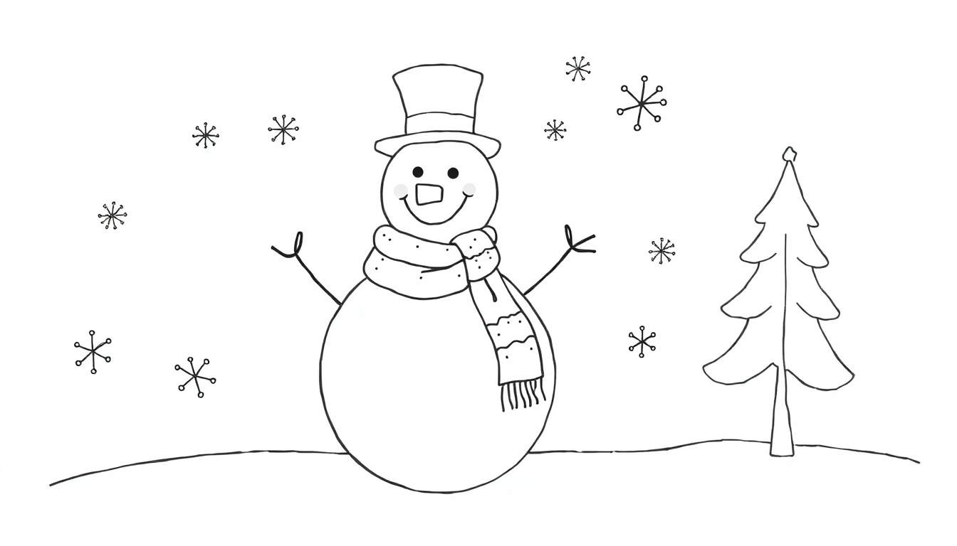 Desenho em preto e branco de um boneco de neve sorrindo, usando chapéu e cachecol, com uma árvore e flocos de neve ao redor, em uma página para colorir para crianças.