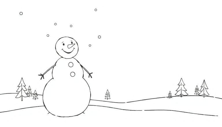 Desenho de um boneco de neve a sorrir com botões, a nevar, com árvores e colinas cobertas de neve ao fundo, estilo cartoon.