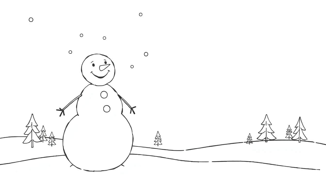 Desenho de um boneco de neve a sorrir com botões, a nevar, com árvores e colinas cobertas de neve ao fundo, estilo cartoon.